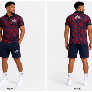 05 red navy patterned polo set front back