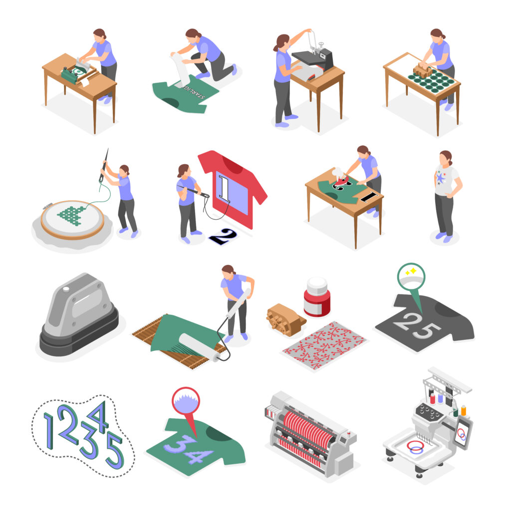 fabric printing technologies isometric icons