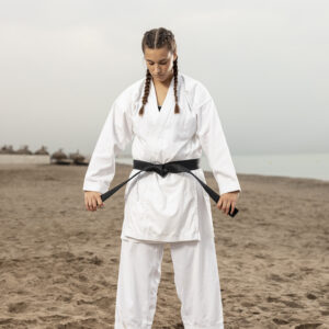 full shot woman martial arts outfit